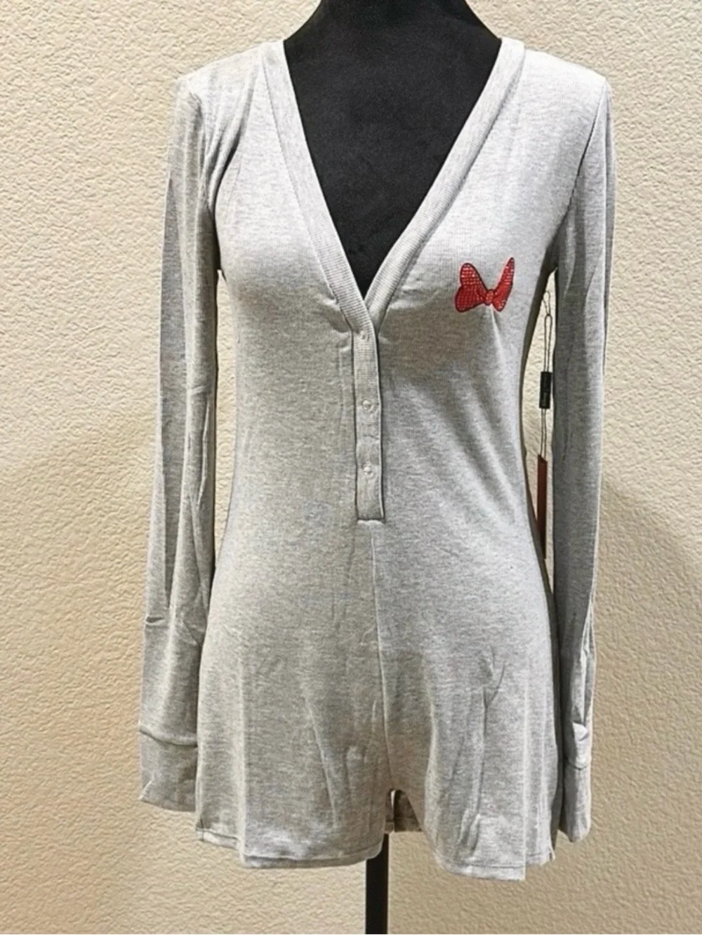 Disney Grey Long-Sleeve Henley Romper with Red Bow and Minnie Mouse on back